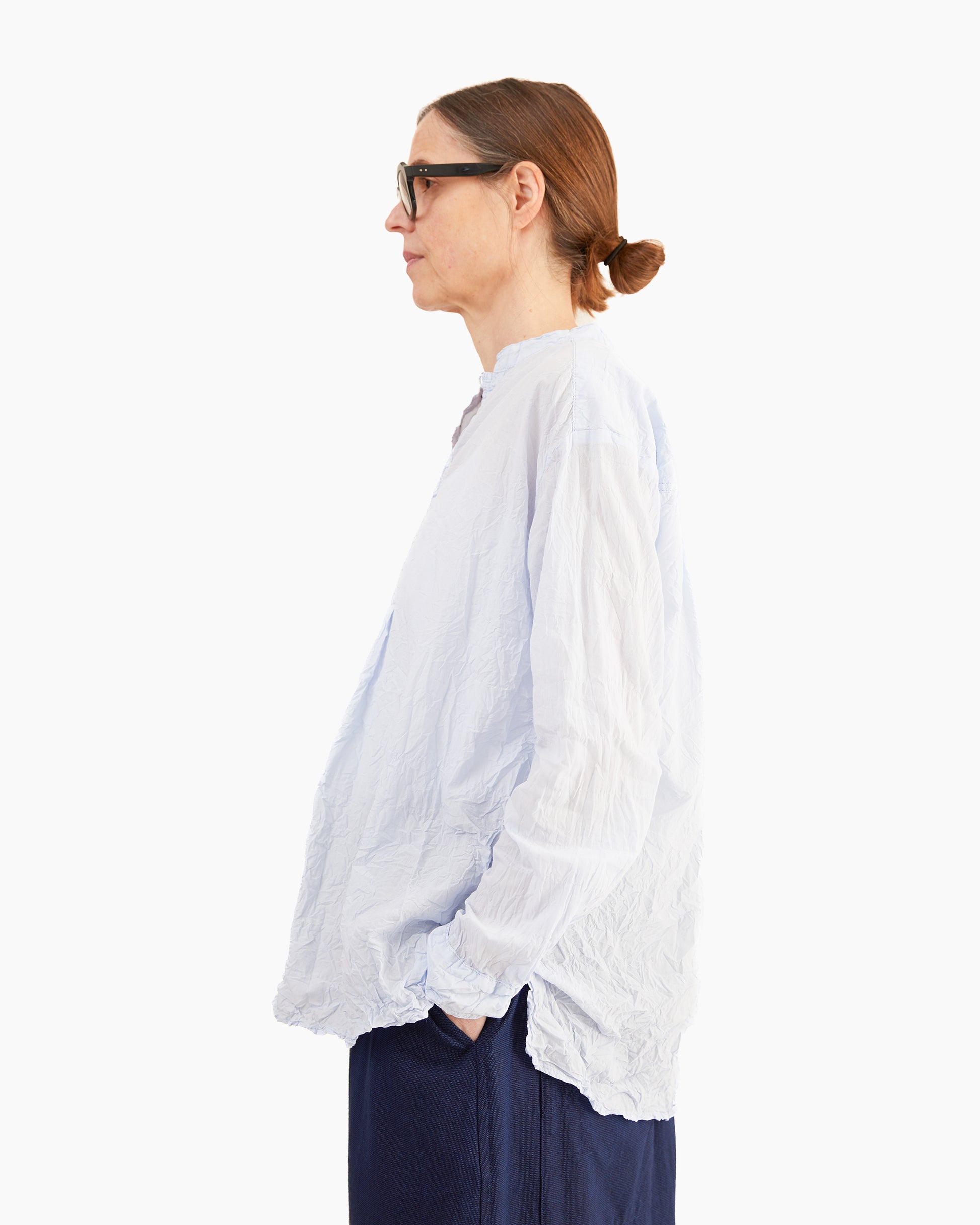 Pas de Calais Washed Cotton Crinkle Stand Collar Shirt in Saxe Blue