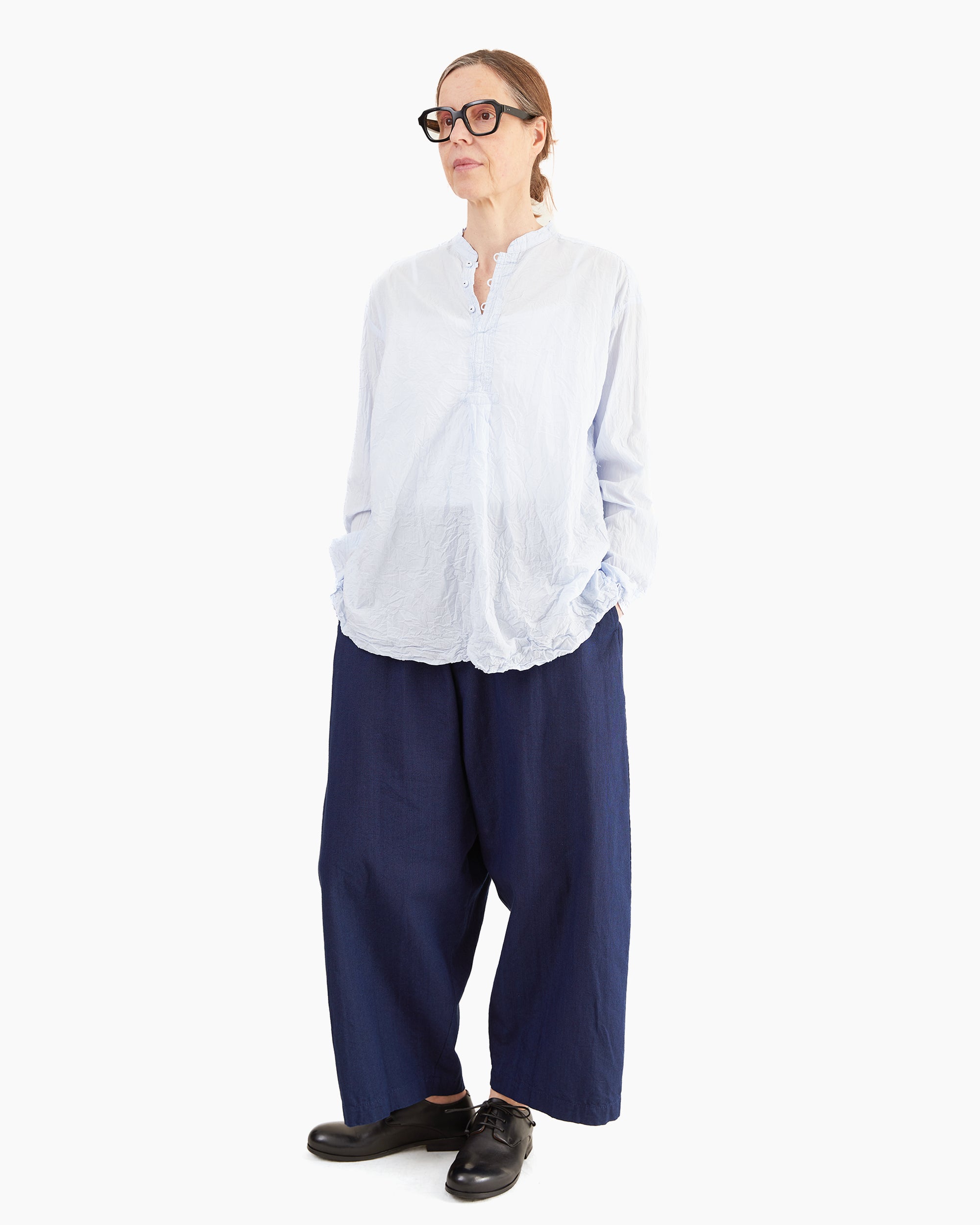Pas de Calais Washed Cotton Crinkle Stand Collar Shirt in Saxe