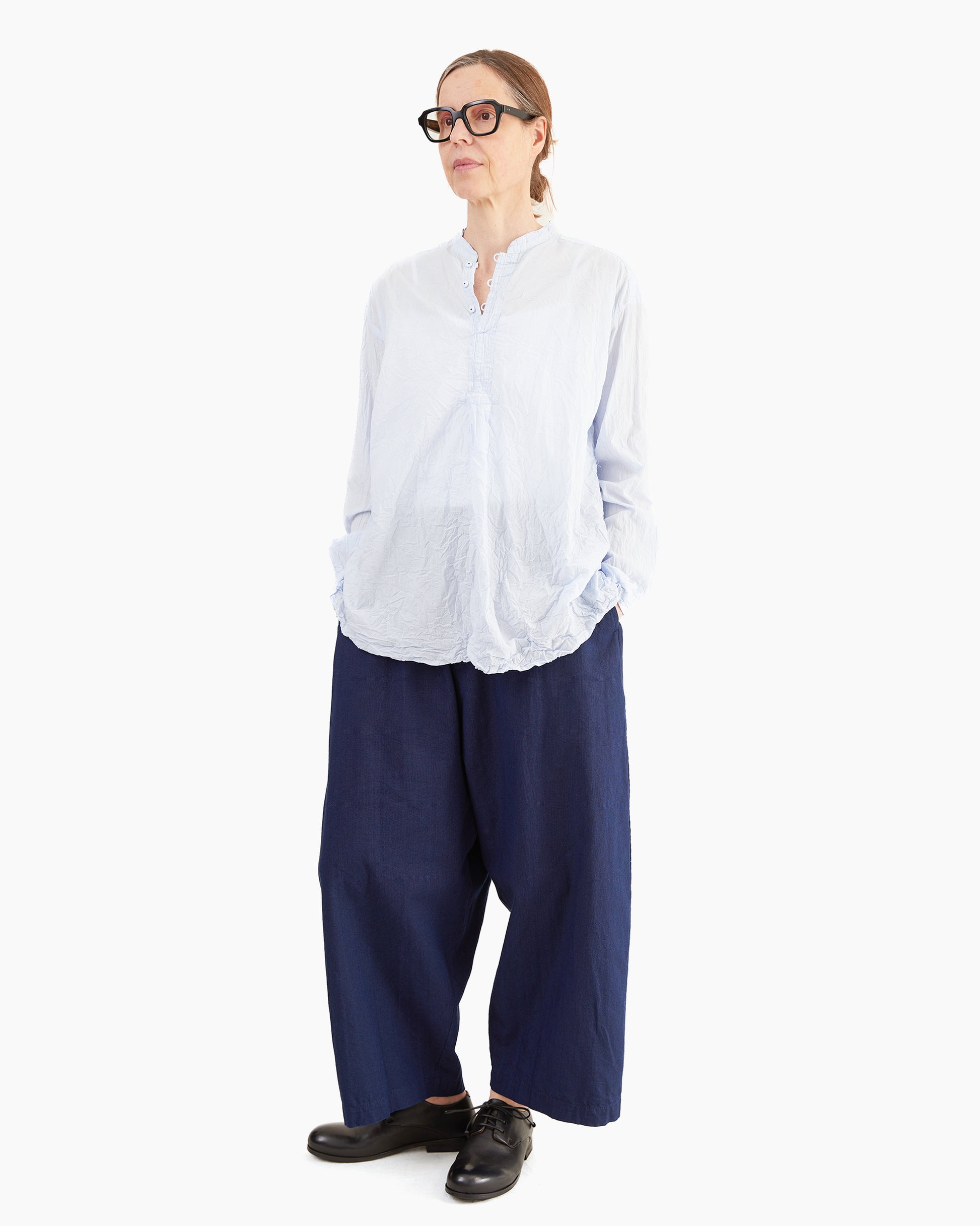 Pas de Calais Washed Cotton Crinkle Stand Collar Shirt in Saxe Blue