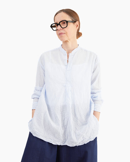 Pas de Calais Washed Cotton Crinkle Stand Collar Shirt in Saxe Blue