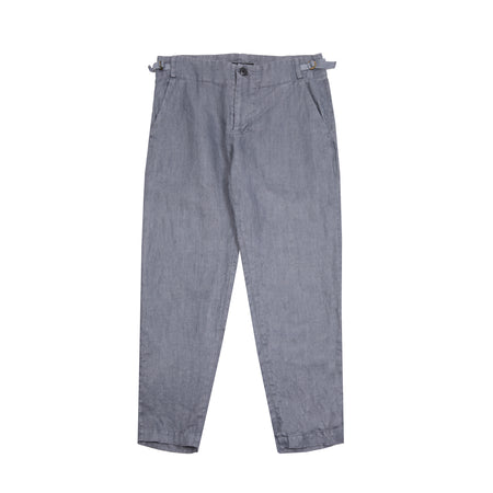 Linen trousers with a slim, tapered leg and adjustable cinches at the waist. Features angled front pockets and zip-fly closure with button.  100% Linen.  Made in Japan.