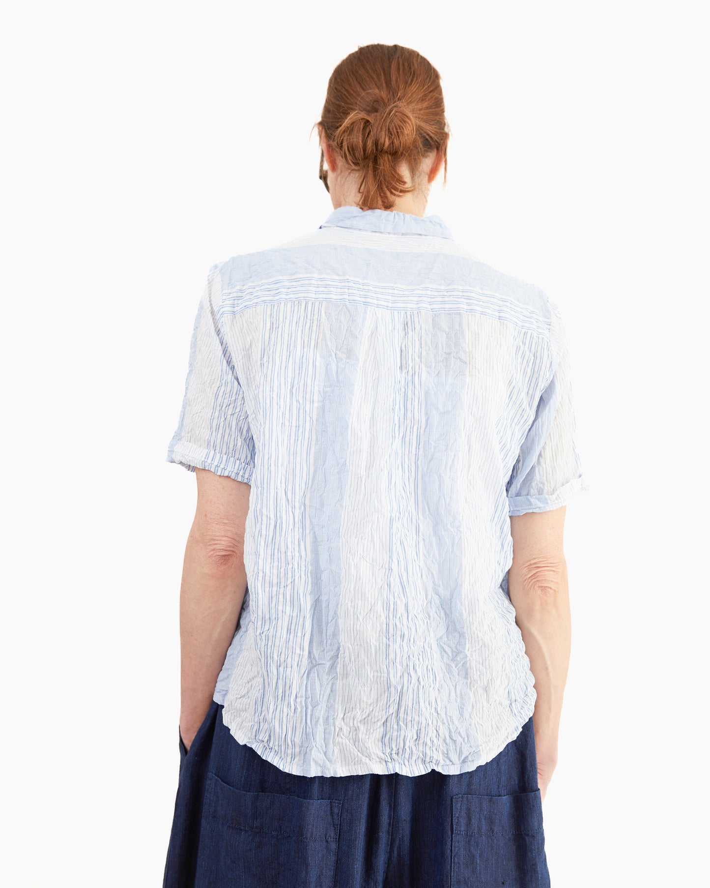 Pas de Calais Blue Shirring Stripe Short Sleeve Blouse in Off White