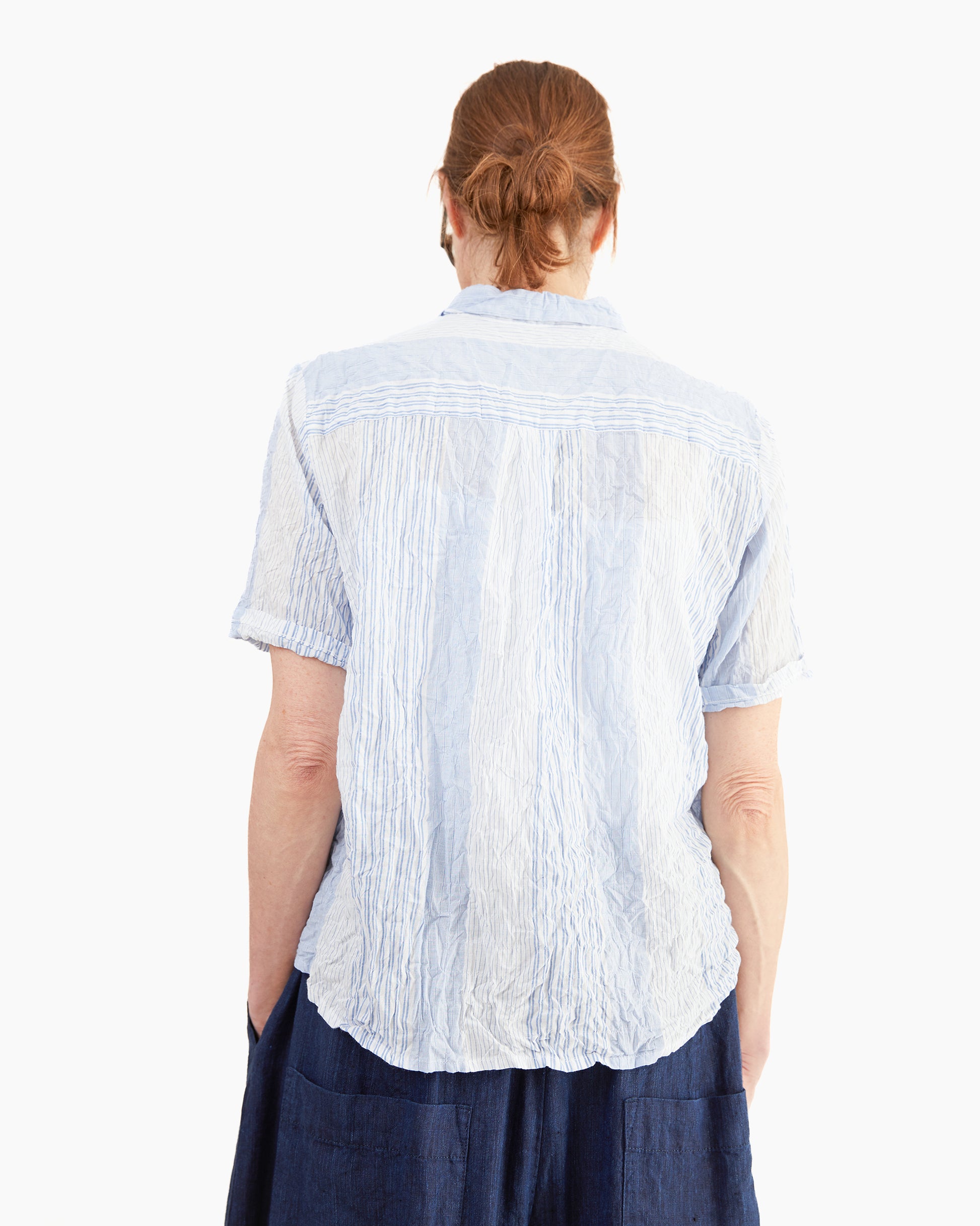 Pas de Calais Blue Shirring Stripe Short Sleeve Blouse in Off White