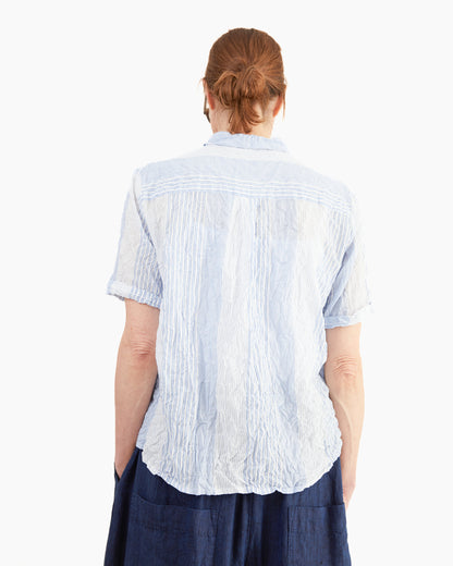 Pas de Calais Blue Shirring Stripe Short Sleeve Blouse in Off White
