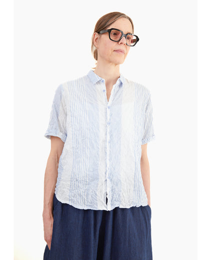 Pas de Calais Blue Shirring Stripe Short Sleeve Blouse in Off White