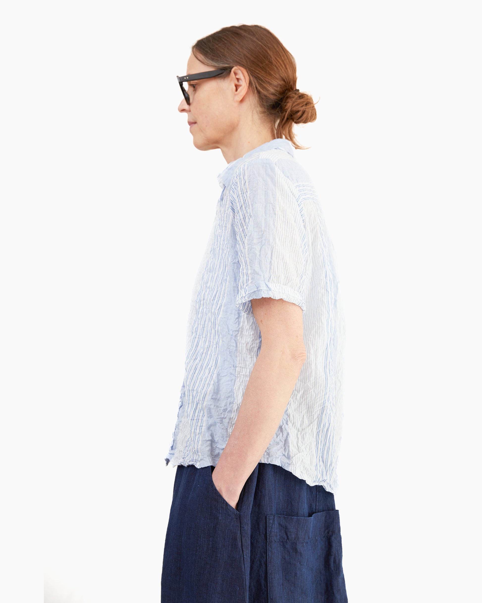 Pas de Calais Blue Shirring Stripe Short Sleeve Blouse in Off White