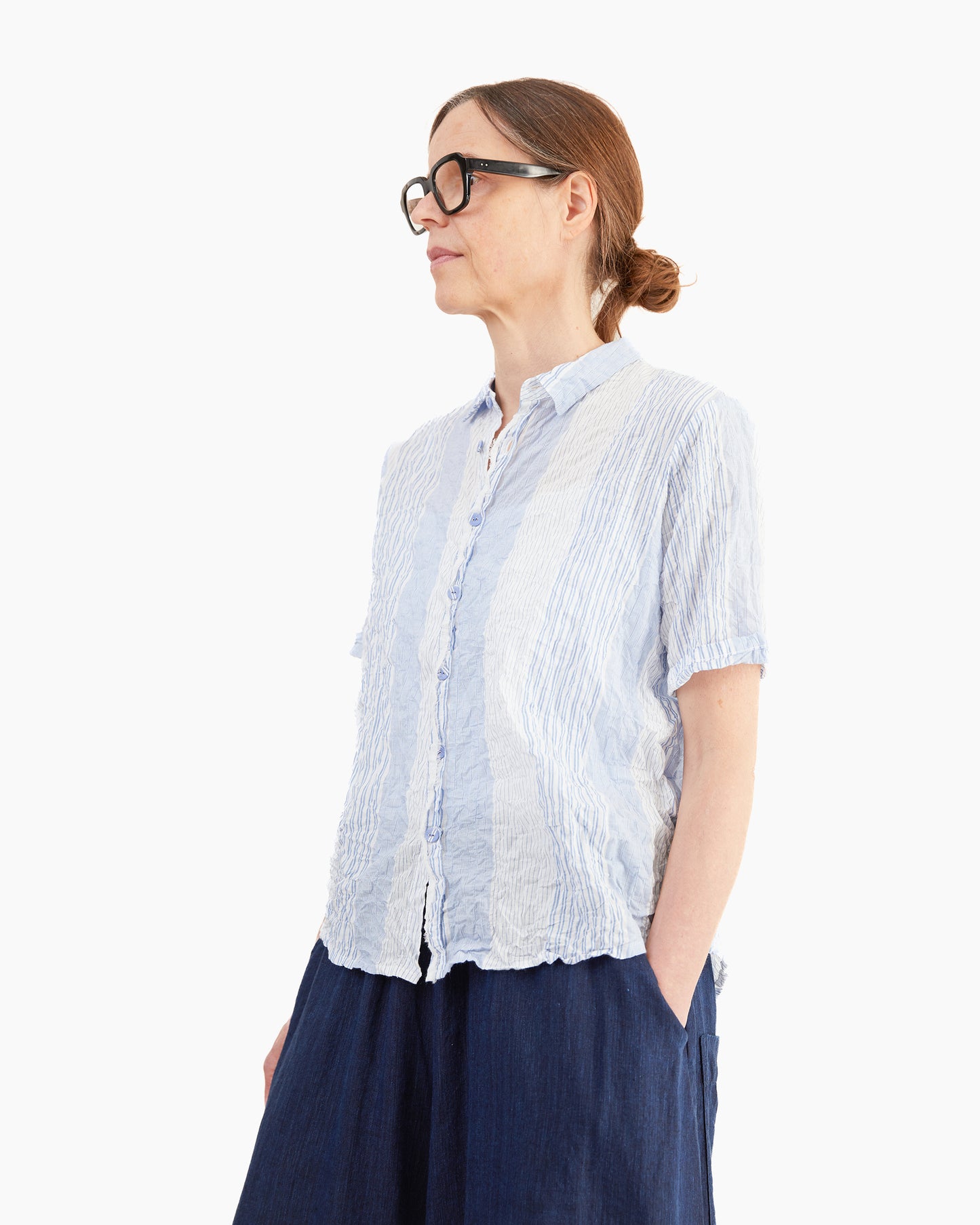 Pas de Calais Blue Shirring Stripe Short Sleeve Blouse in Off White