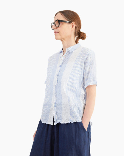 Pas de Calais Blue Shirring Stripe Short Sleeve Blouse in Off White