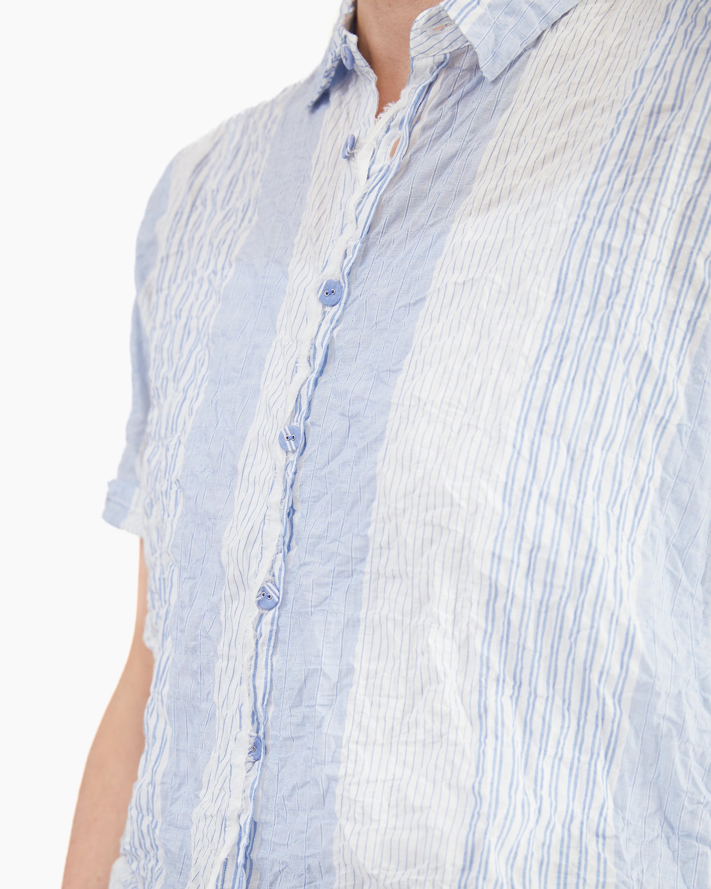Pas de Calais Blue Shirring Stripe Short Sleeve Blouse in Off White