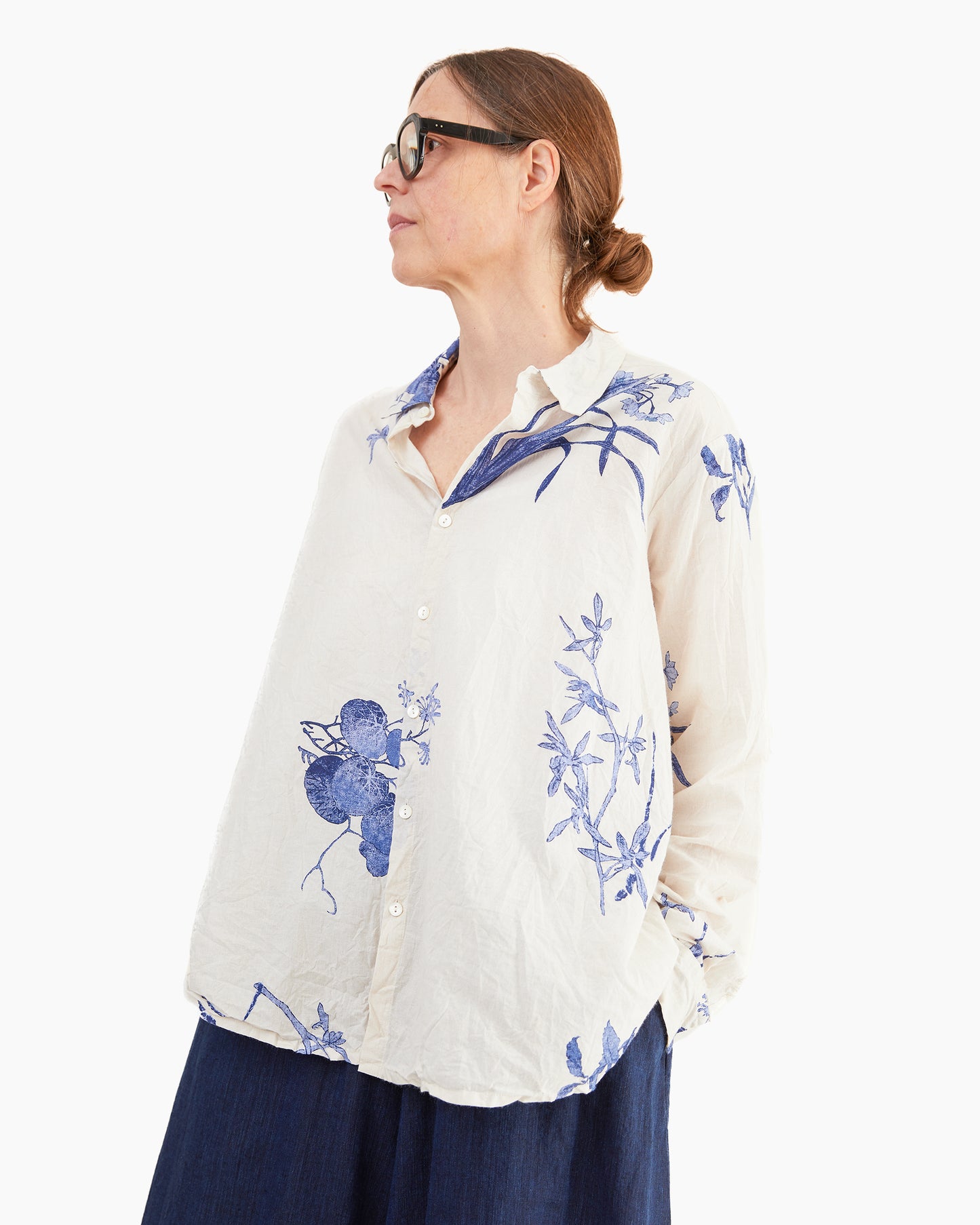 Pas de Calais Cotton Japonism Flower Print Blouse in Ivory