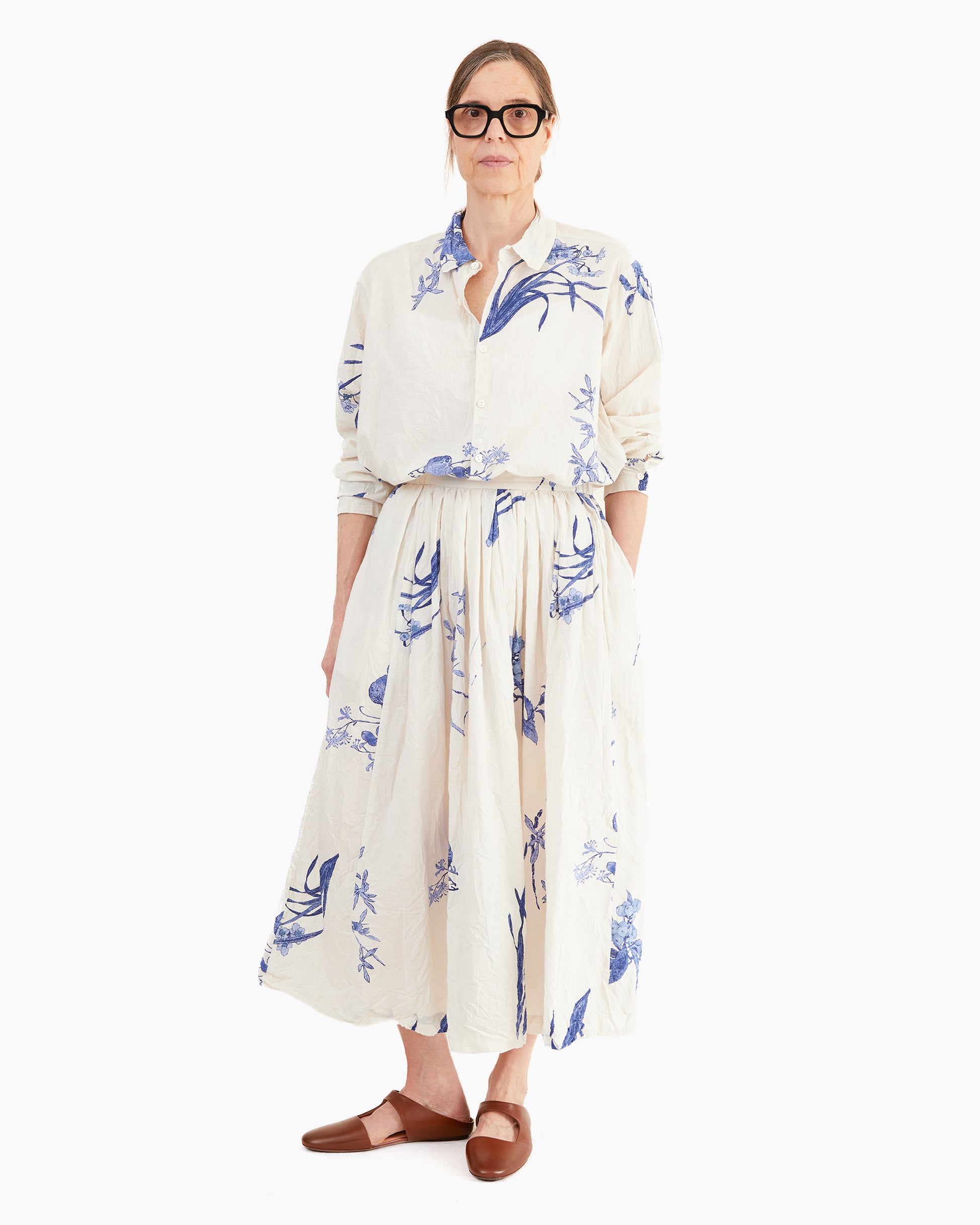 Pas de Calais Cotton Japonism Flower Print Blouse in Ivory