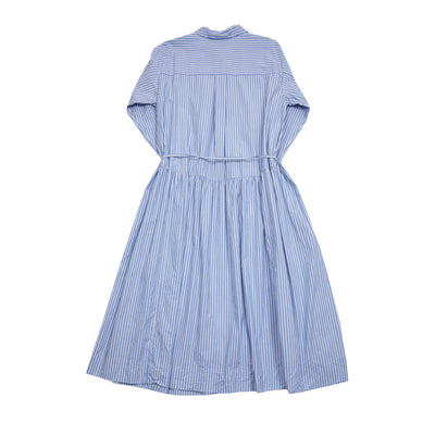A shirt-style dress with a two button placket and cuffed full-length sleeves. Featuring a striped pattern, thin waist belt, and invisible in-seam pockets. The waist is gently pleated to give the skirt volume. Crafted from a soft and supple cotton.  100% Cotton.  Made in Japan.
