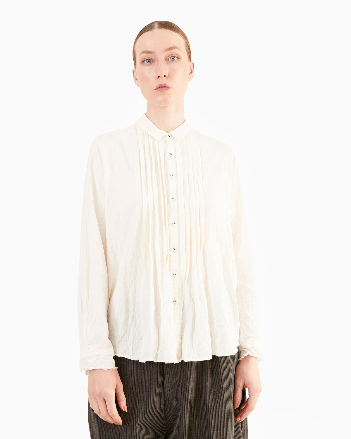 Pas de Calais Brushed Crinkle Pin-Tuck Blouse / Ivory