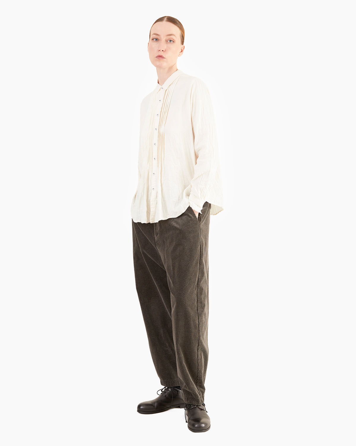 Pas de Calais Brushed Crinkle Pin-Tuck Blouse / Ivory