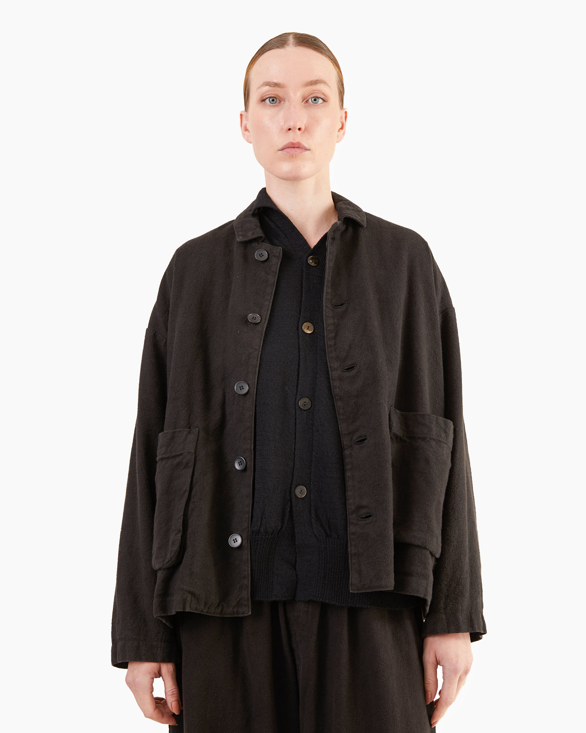Pas de Calais Brushed Linen/Cotton Twill Relaxed Coverall Jacket in Black