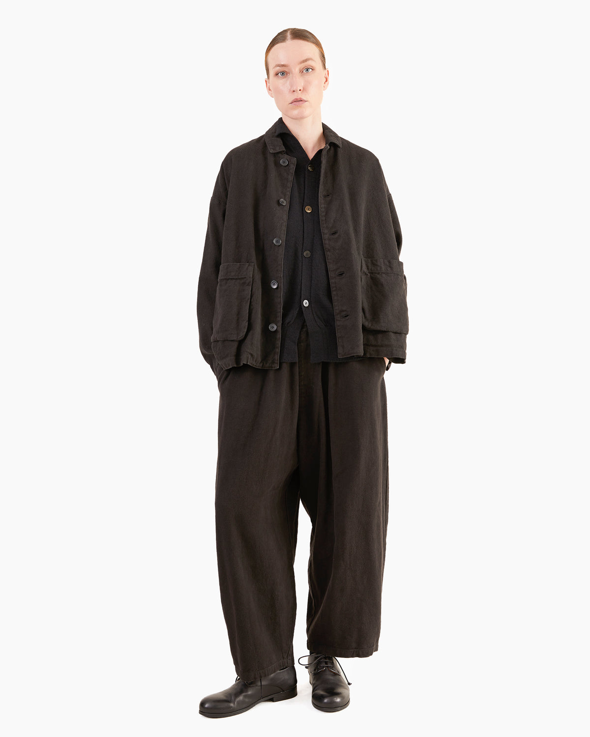 Pas de Calais Brushed Linen/Cotton Twill Relaxed Coverall Jacket in Black