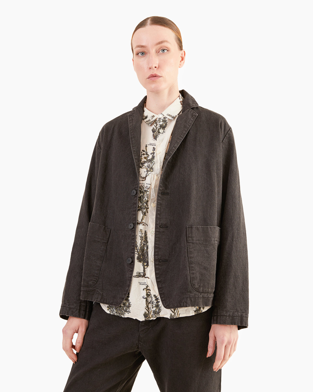 Pas de Calais Organic Cotton Linen Natural Twill Tailored Jacket in Black
