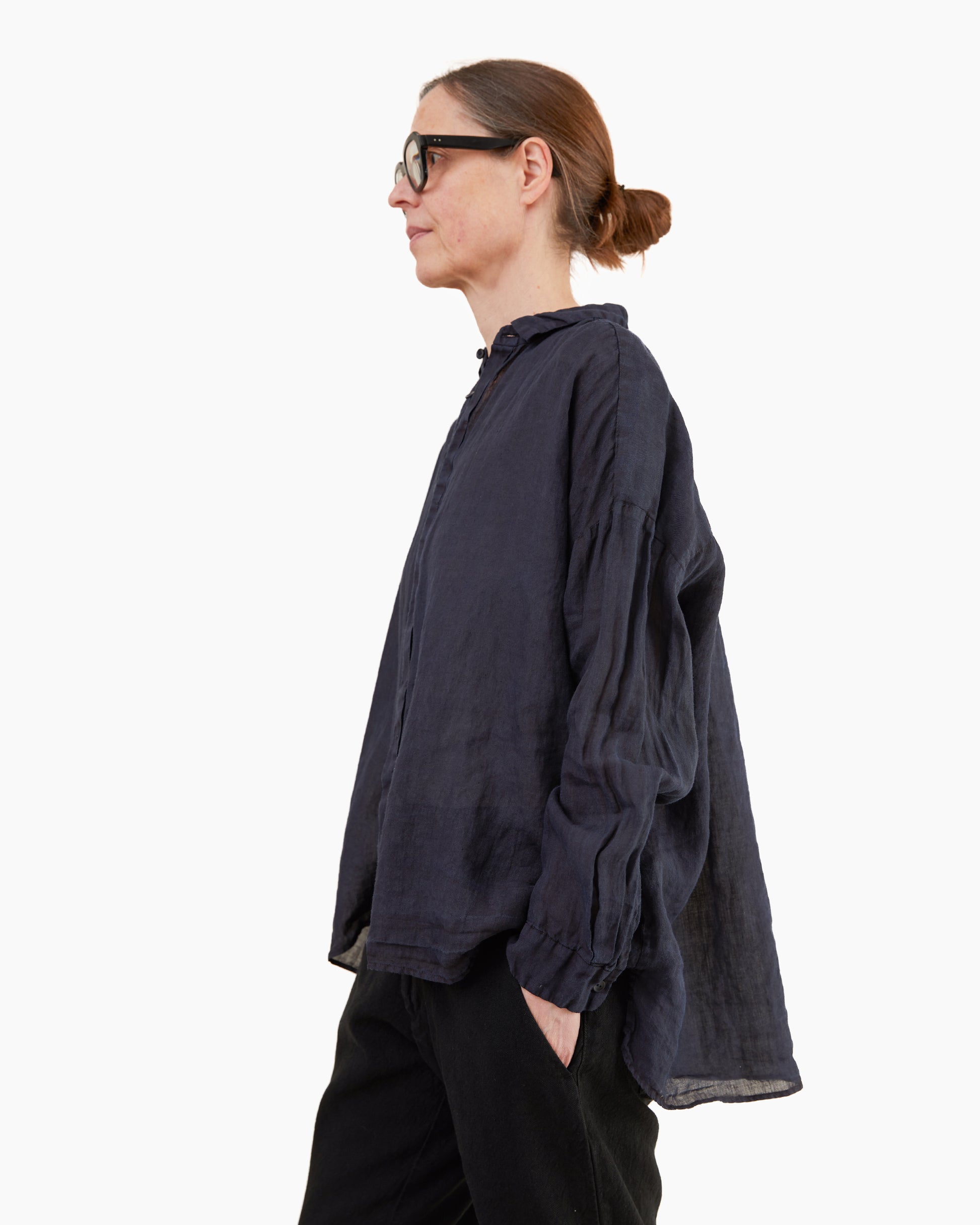 Pas de Calais Indigo Charcoal Dyed Ramie Lawn Overshirt in Navy