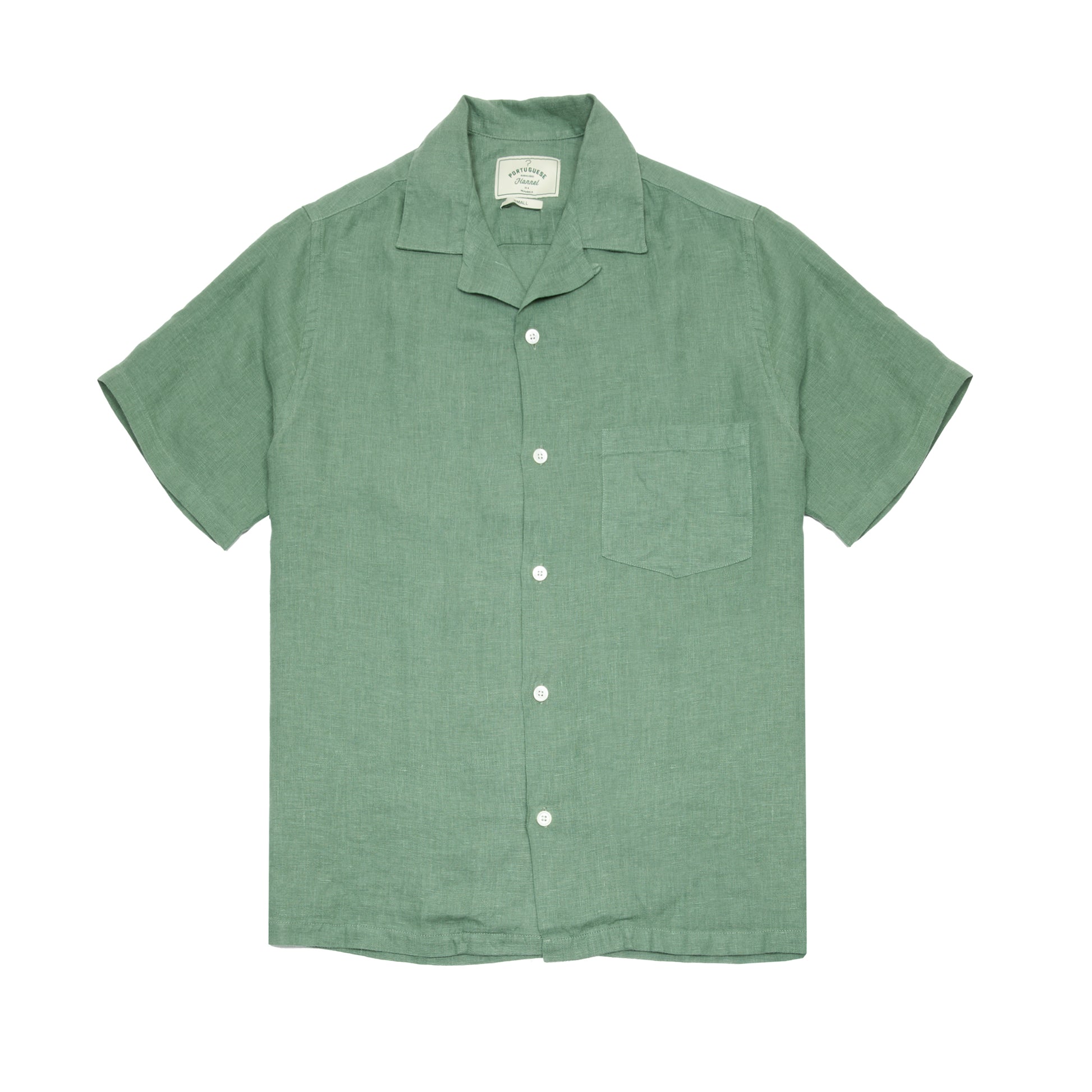 Portuguese Flannel Linen Camp Collar Shirt in Dry Green