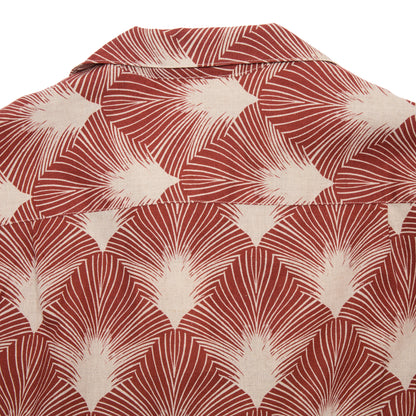 Portuguese Flannel Linen Camp Collar Shirt in Burgundy/ Beige Feather