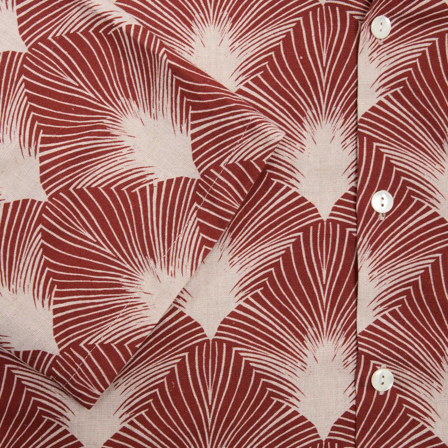 Portuguese Flannel Linen Camp Collar Shirt in Burgundy/ Beige Feather