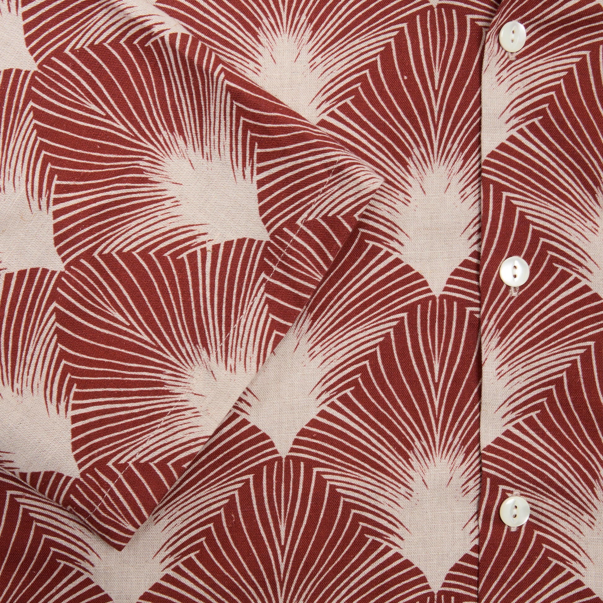 Portuguese Flannel Linen Camp Collar Shirt in Burgundy/ Beige Feather