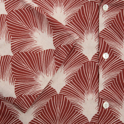 Portuguese Flannel Linen Camp Collar Shirt in Burgundy/ Beige Feather