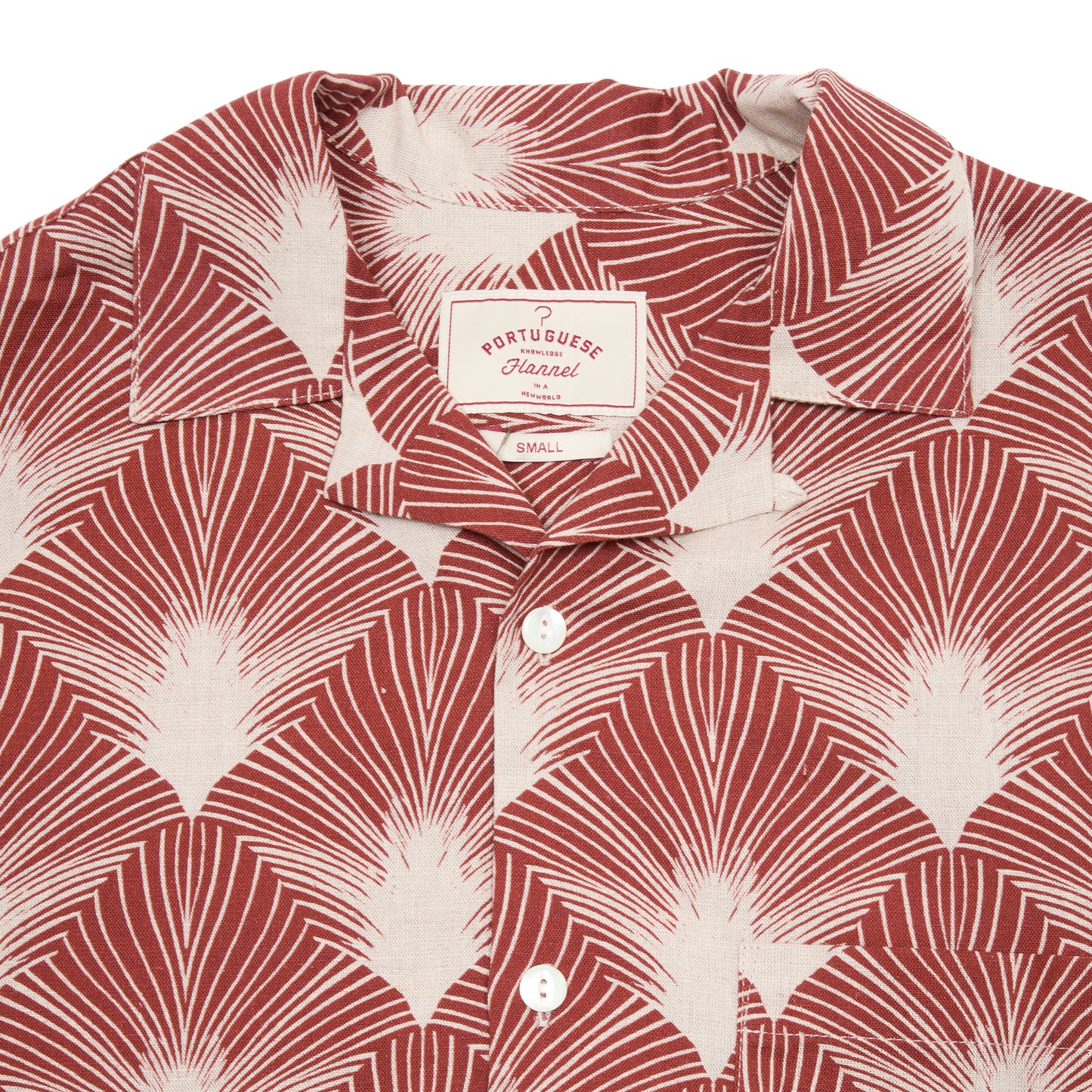 Portuguese Flannel Linen Camp Collar Shirt in Burgundy/ Beige Feather