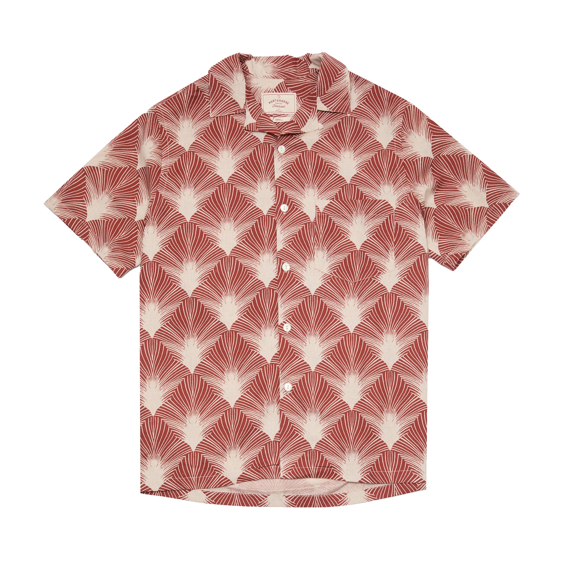 Portuguese Flannel Linen Camp Collar Shirt in Burgundy/ Beige Feather