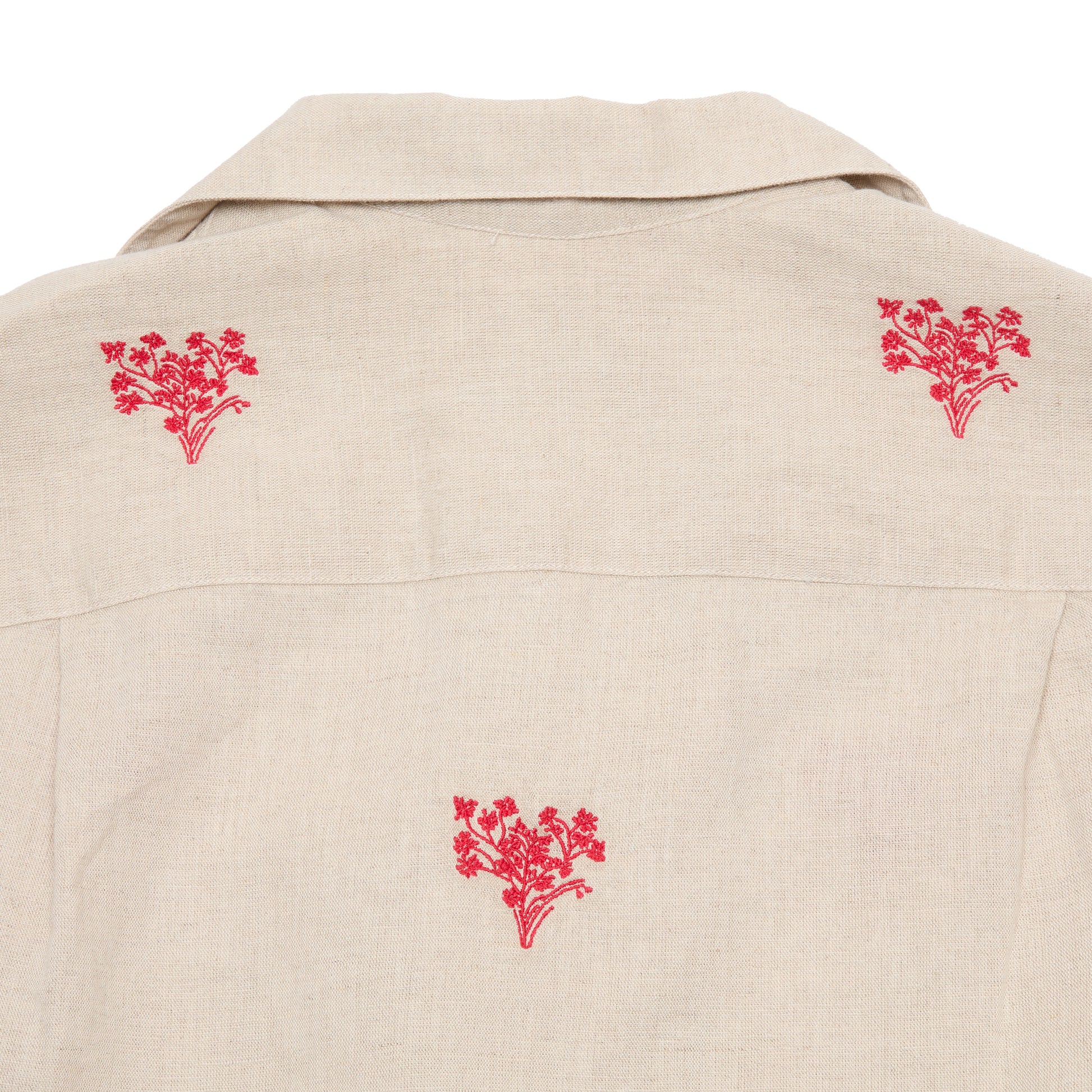 Portuguese Flannel Embroidered Bouquet Camp Collar Shirt in Beige/ Red