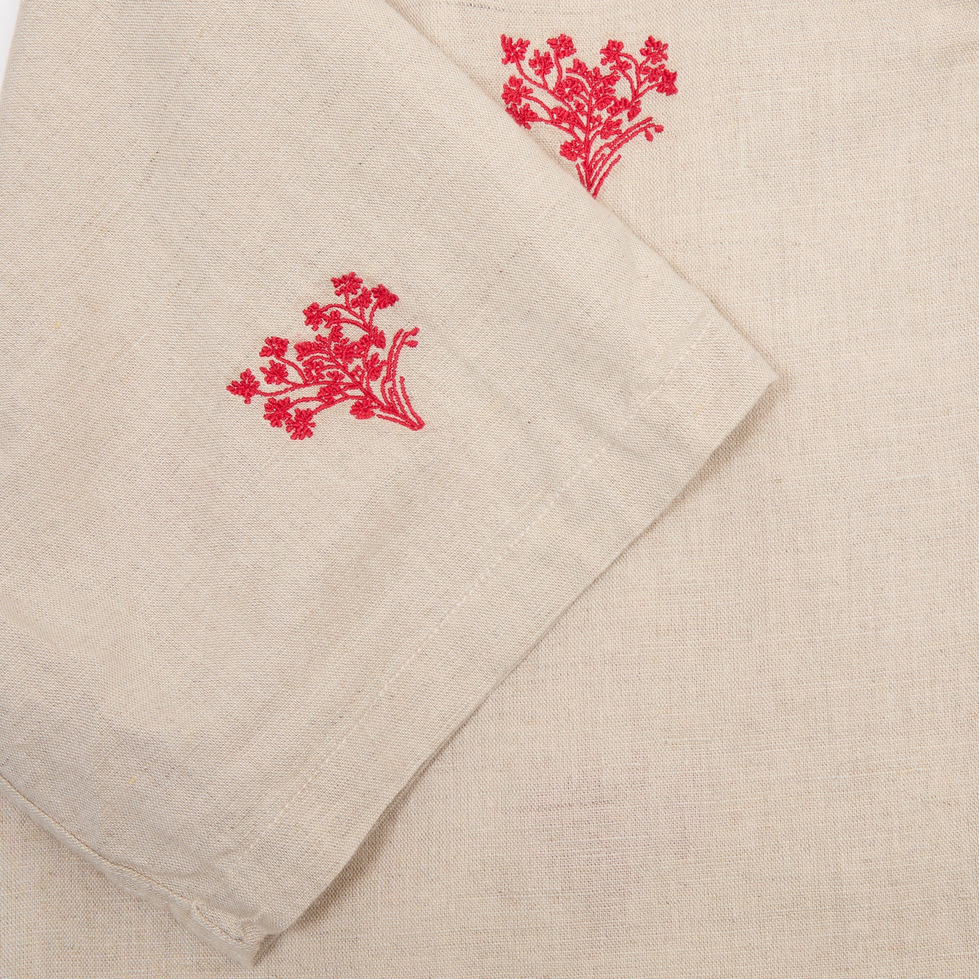 Portuguese Flannel Embroidered Bouquet Camp Collar Shirt in Beige/ Red