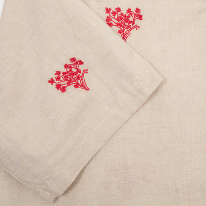 Portuguese Flannel Embroidered Bouquet Camp Collar Shirt in Beige/ Red