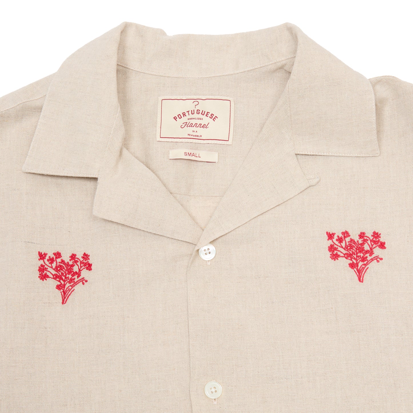 Portuguese Flannel Embroidered Bouquet Camp Collar Shirt in Beige/ Red