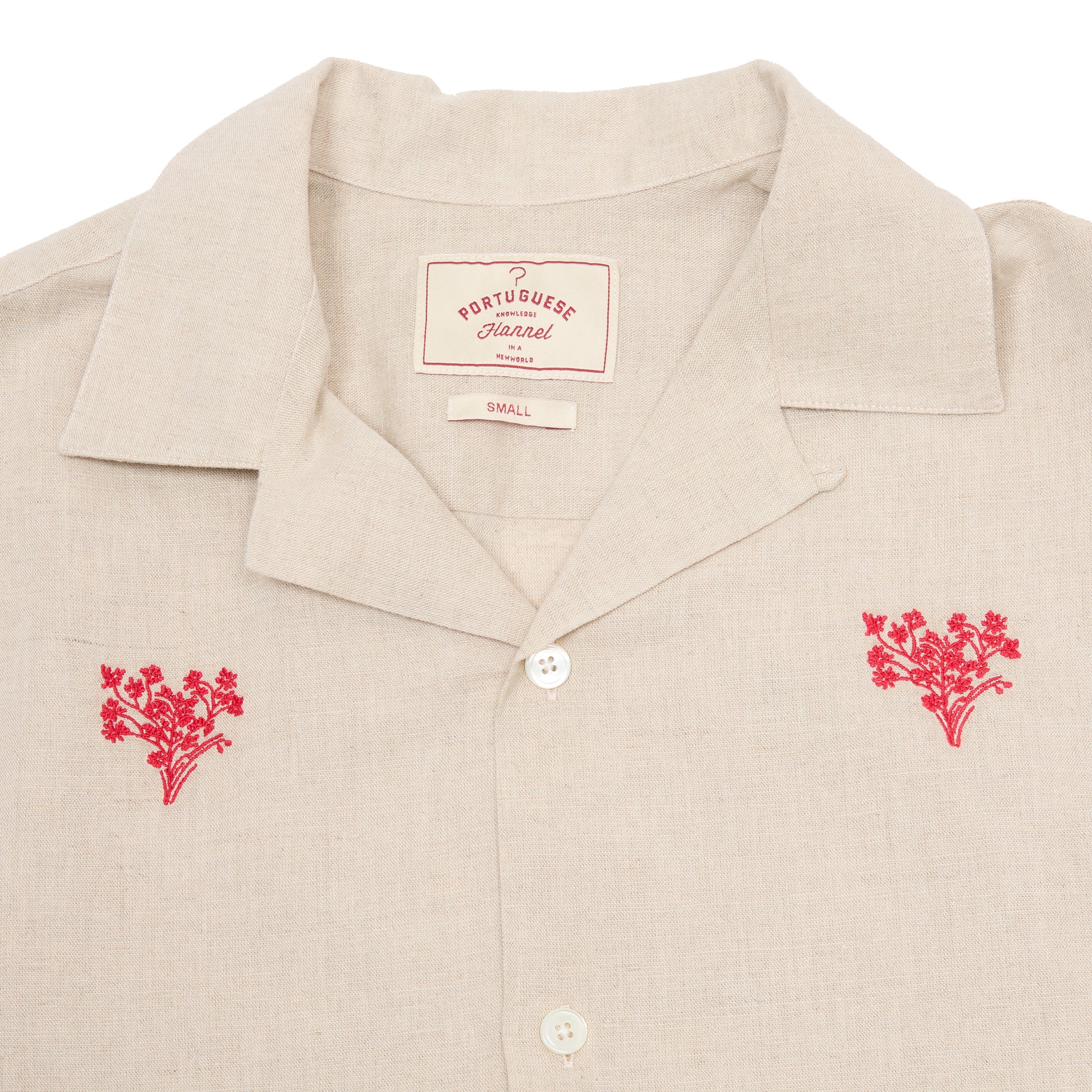 Portuguese Flannel Embroidered Bouquet Camp Collar Shirt in Beige/ Red