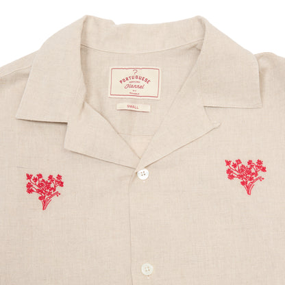 Portuguese Flannel Embroidered Bouquet Camp Collar Shirt in Beige/ Red