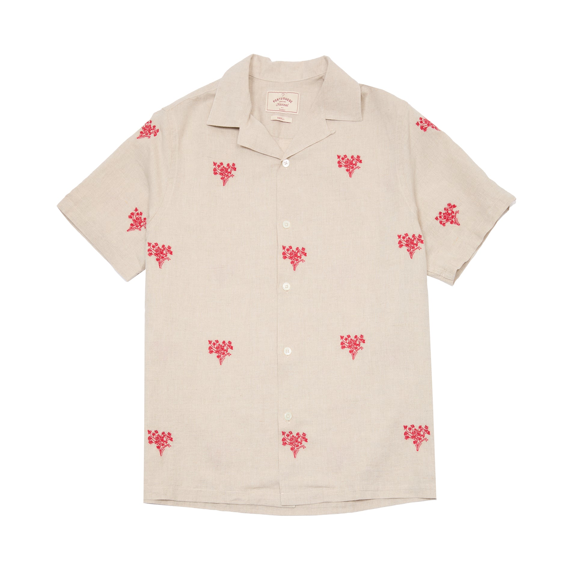 Portuguese Flannel Embroidered Bouquet Camp Collar Shirt in Beige/ Red