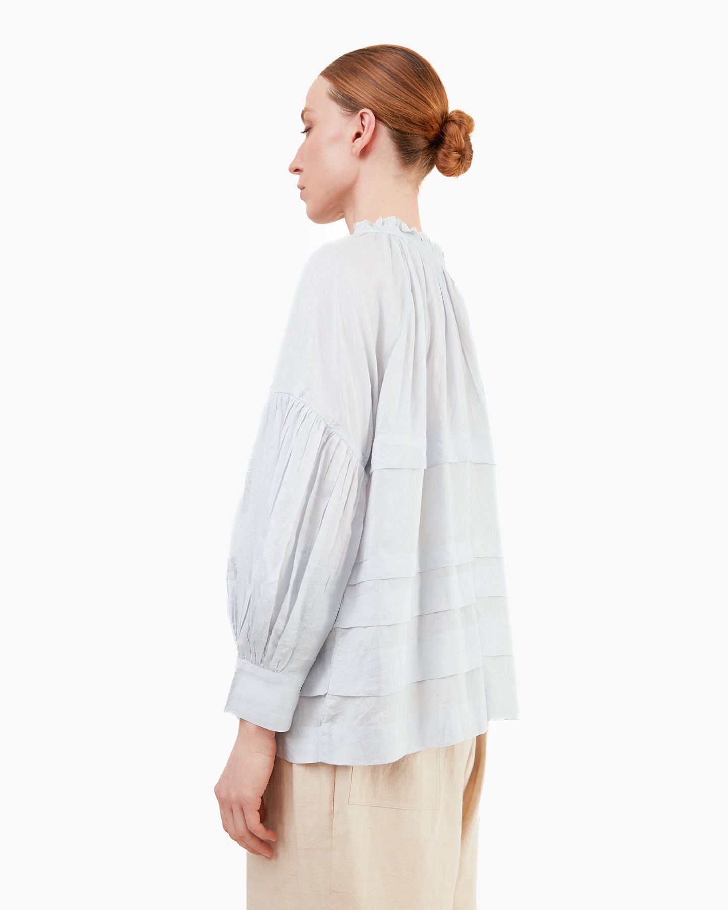 Runaway Bicycle Astrid Pleated Silk Blouse in Sky Blue