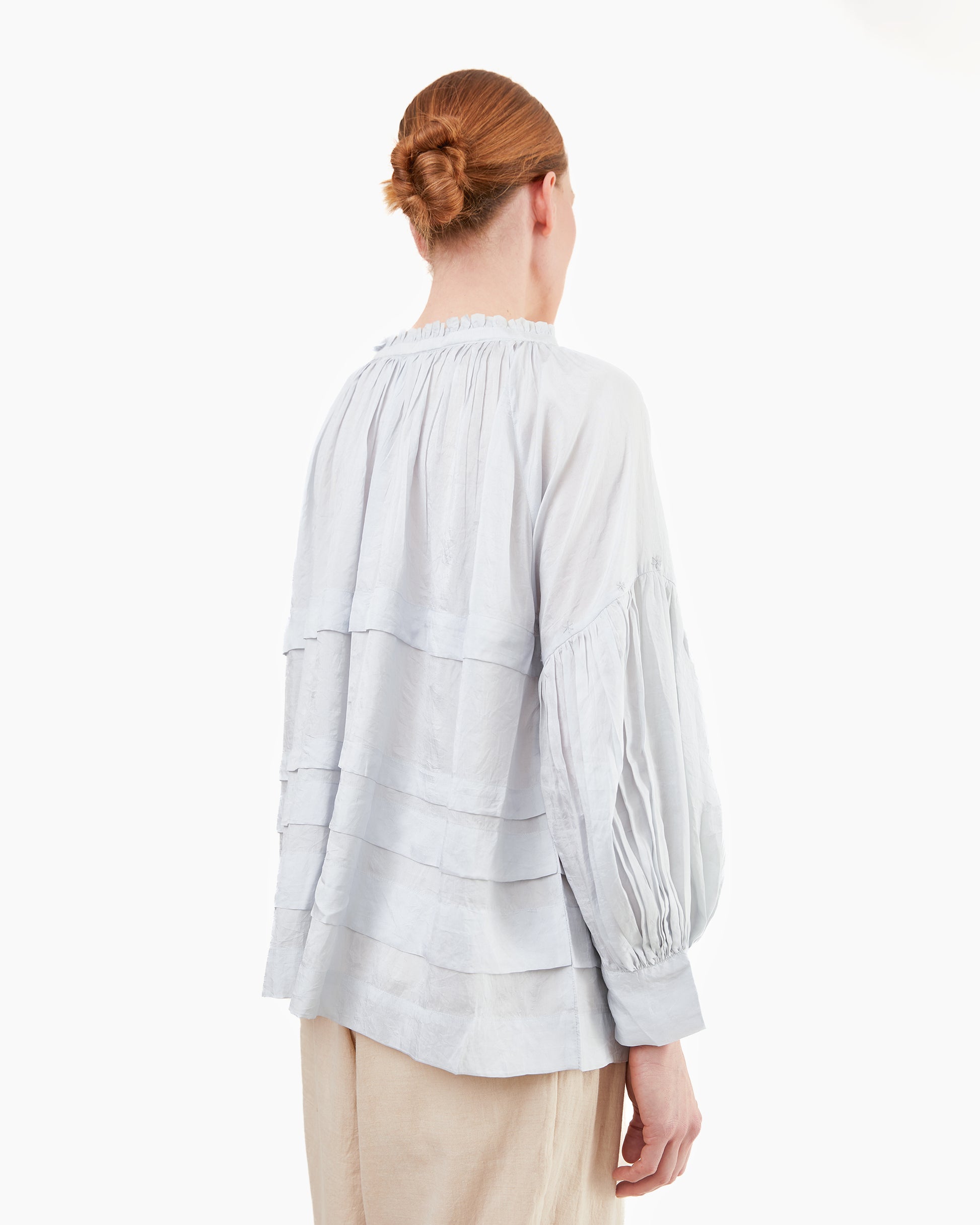Runaway Bicycle Astrid Pleated Silk Blouse in Sky Blue