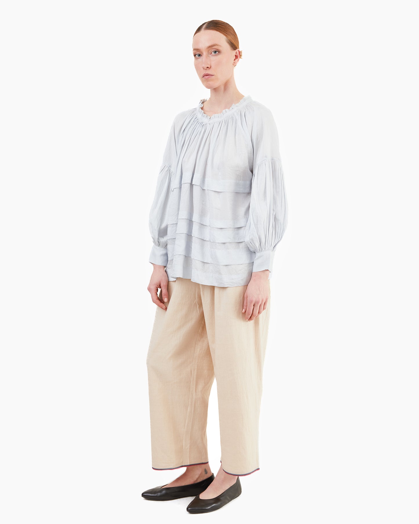 Runaway Bicycle Astrid Pleated Silk Blouse in Sky Blue