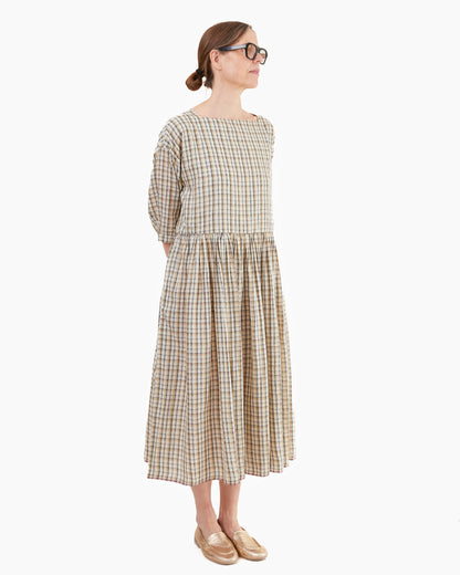 Runaway Bicycle Sylvia Square Neck Silk/Cotton Dress in Beige/Charcoal Check
