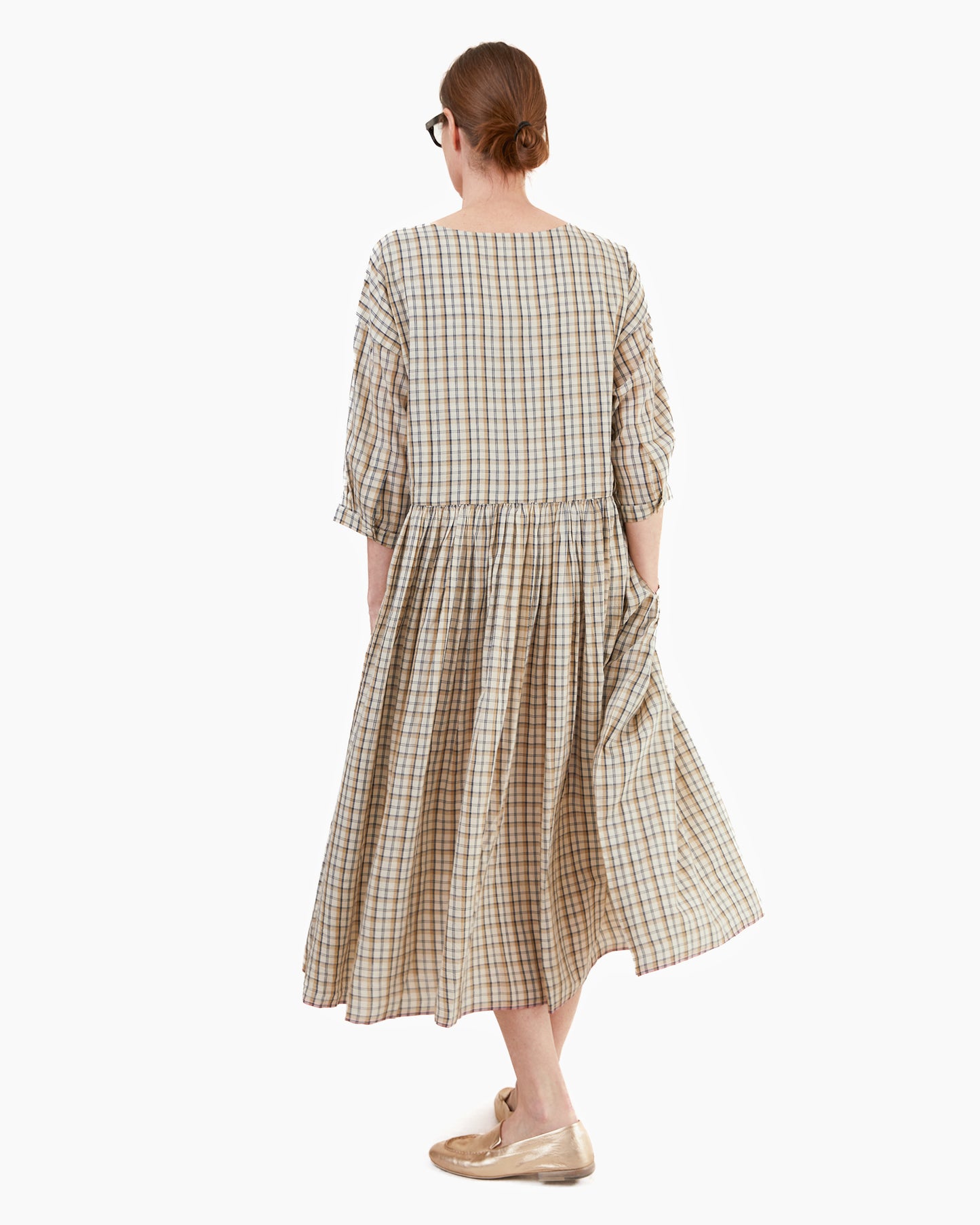 Runaway Bicycle Sylvia Square Neck Silk/Cotton Dress in Beige/Charcoal Check