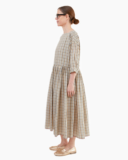 Runaway Bicycle Sylvia Square Neck Silk/Cotton Dress in Beige/Charcoal Check