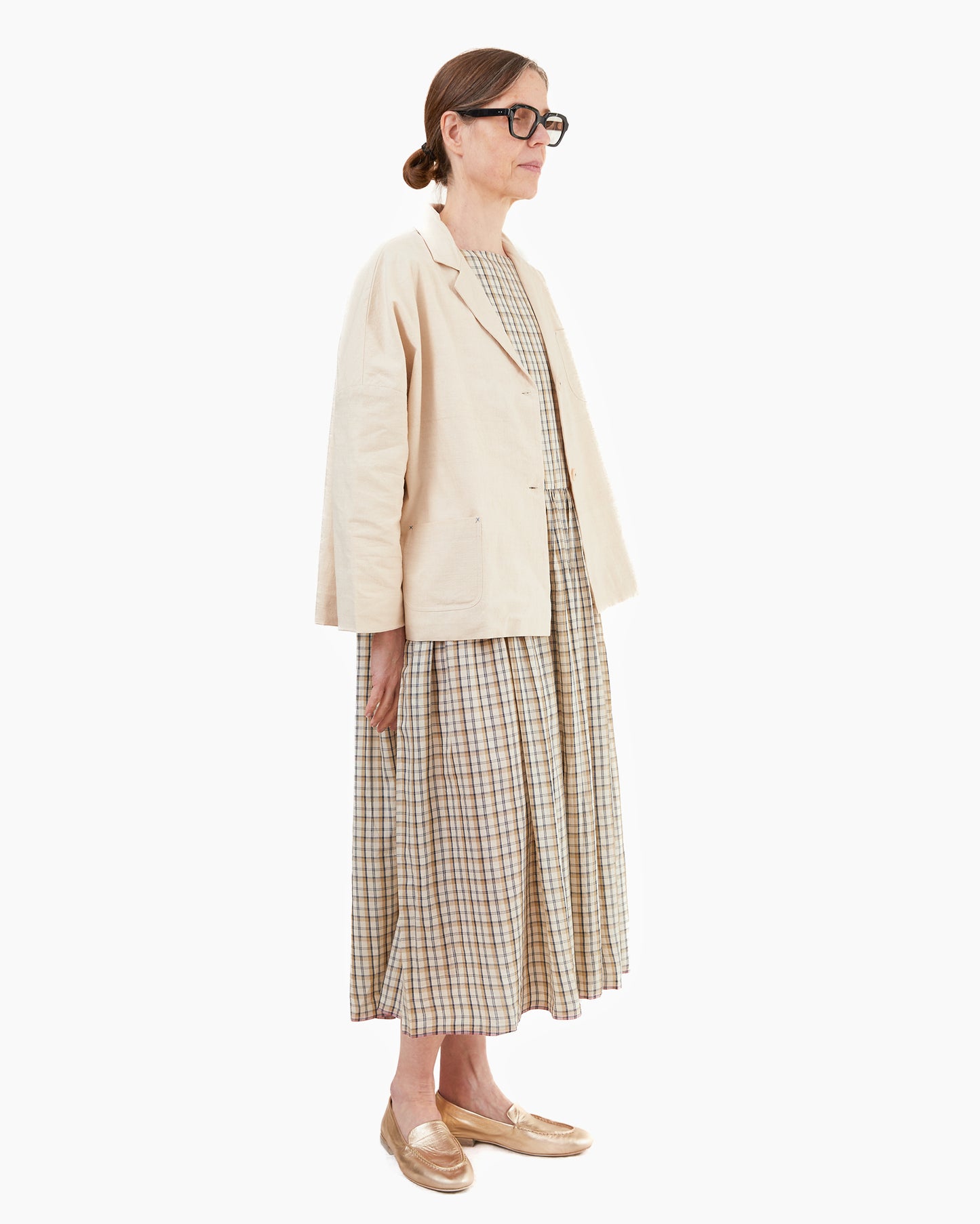 Runaway Bicycle Sylvia Square Neck Silk/Cotton Dress in Beige/Charcoal Check