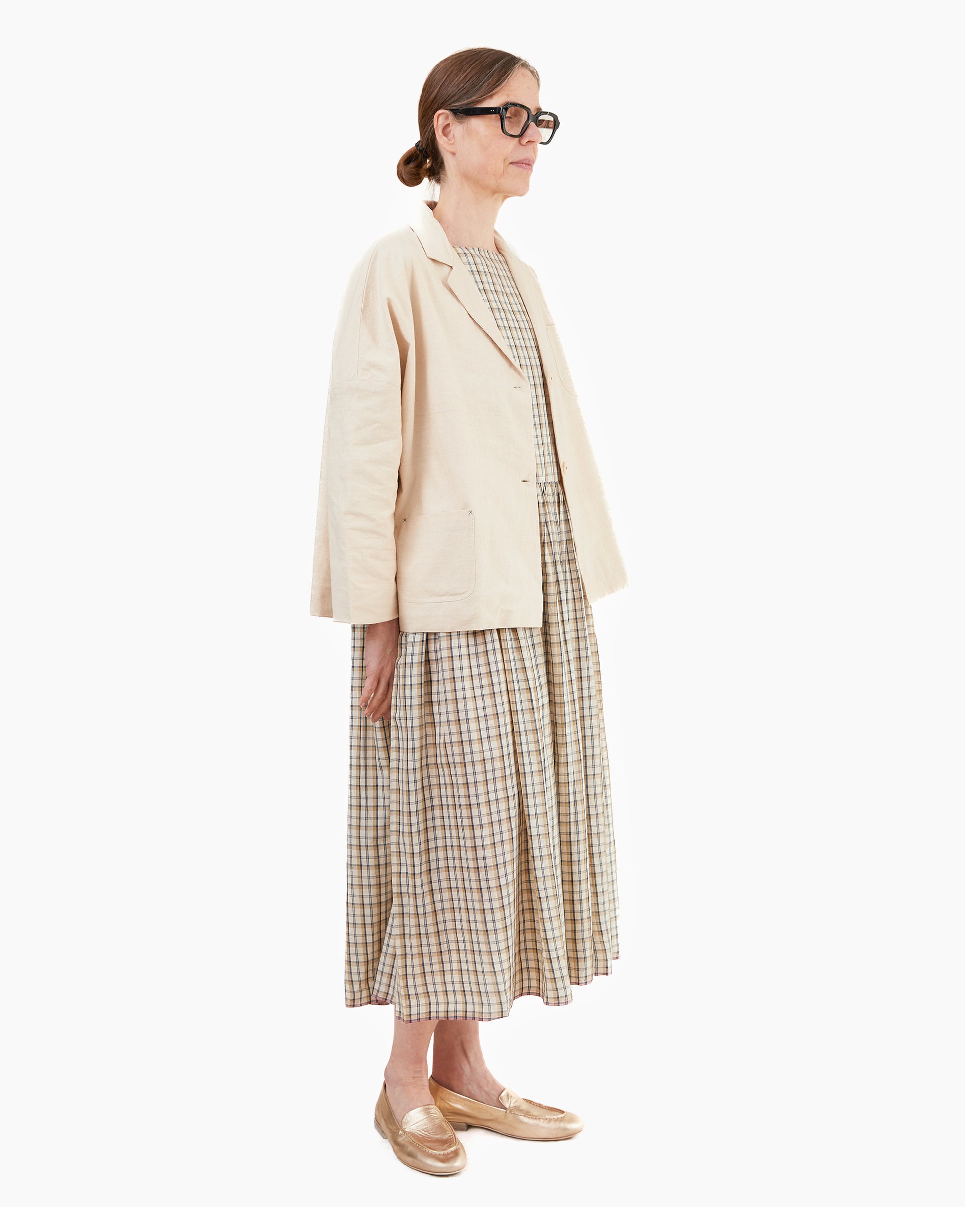 Runaway Bicycle Sylvia Square Neck Silk/Cotton Dress in Beige/Charcoal Check