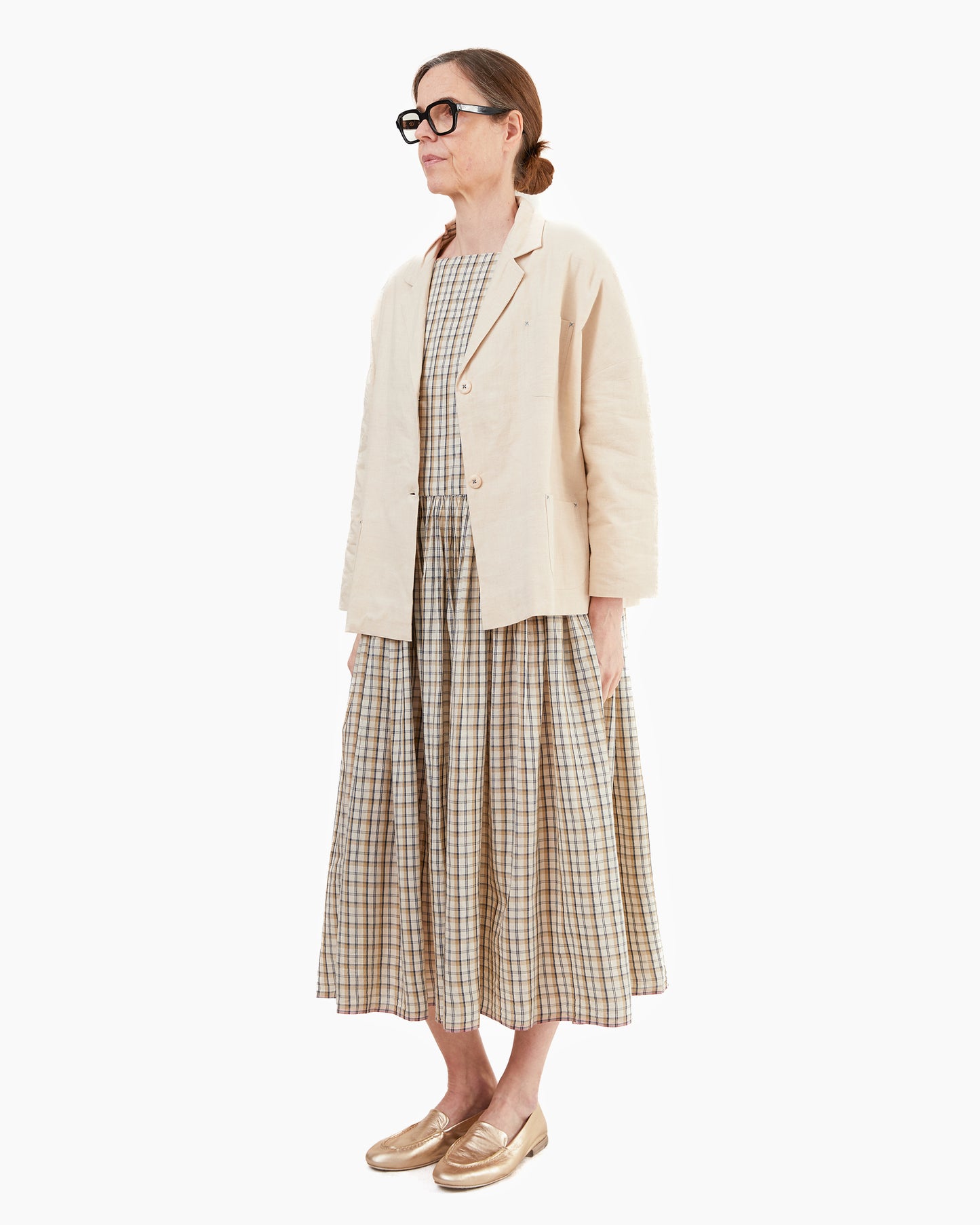 Runaway Bicycle Sylvia Square Neck Silk/Cotton Dress in Beige/Charcoal Check