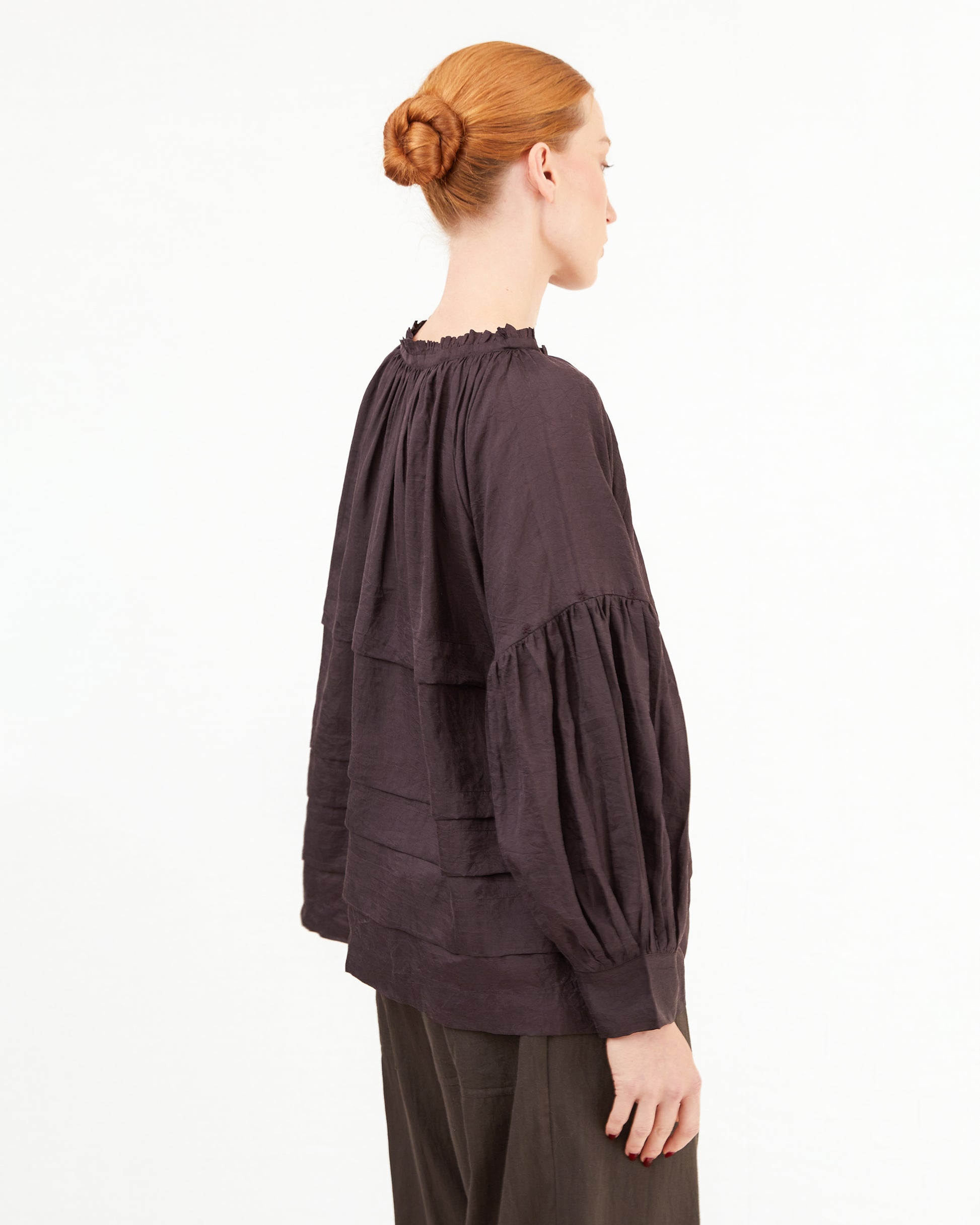 Runaway Bicycle Astrid Pleated Silk Blouse in Midnight Wine