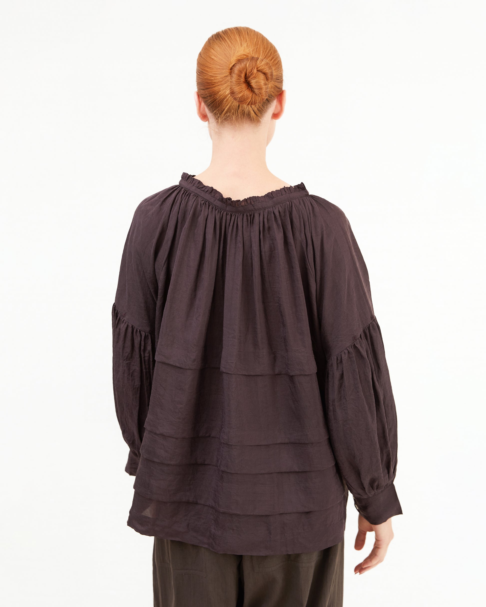 Runaway Bicycle Astrid Pleated Silk Blouse in Midnight Wine