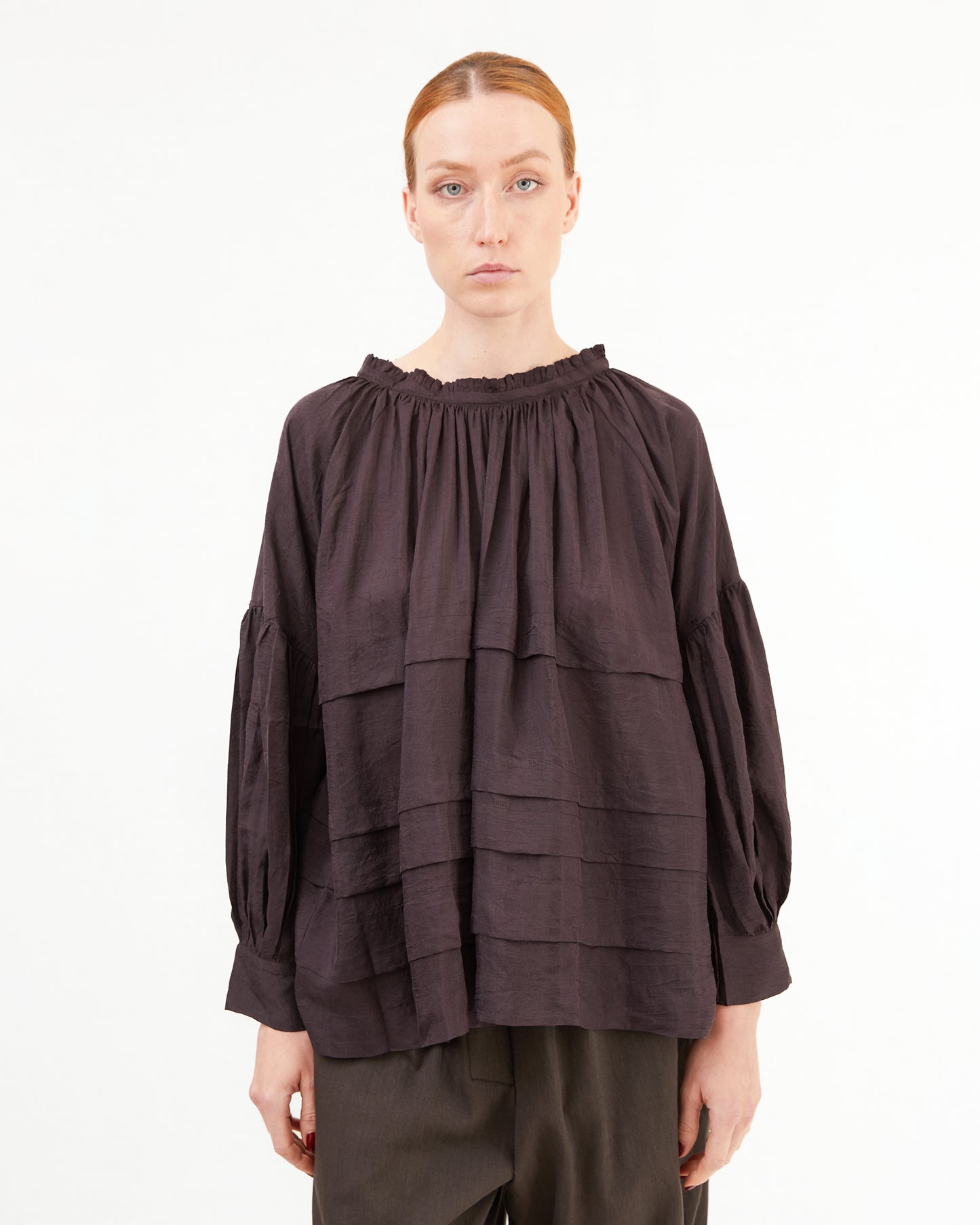 Runaway Bicycle Astrid Pleated Silk Blouse in Midnight Wine