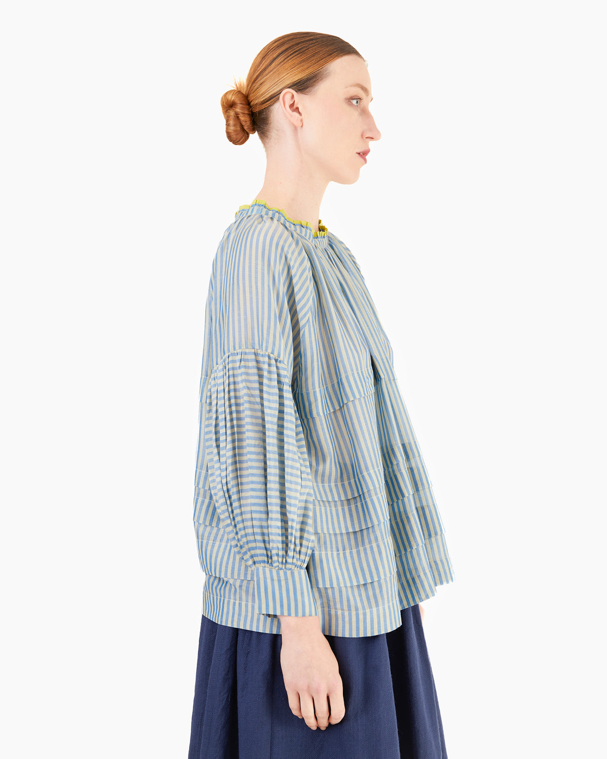 Runaway Bicycle Astrid Pleated Modal/Silk Blouse in Blue Stripe