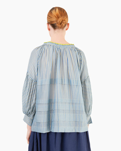 Runaway Bicycle Astrid Pleated Modal/Silk Blouse in Blue Stripe